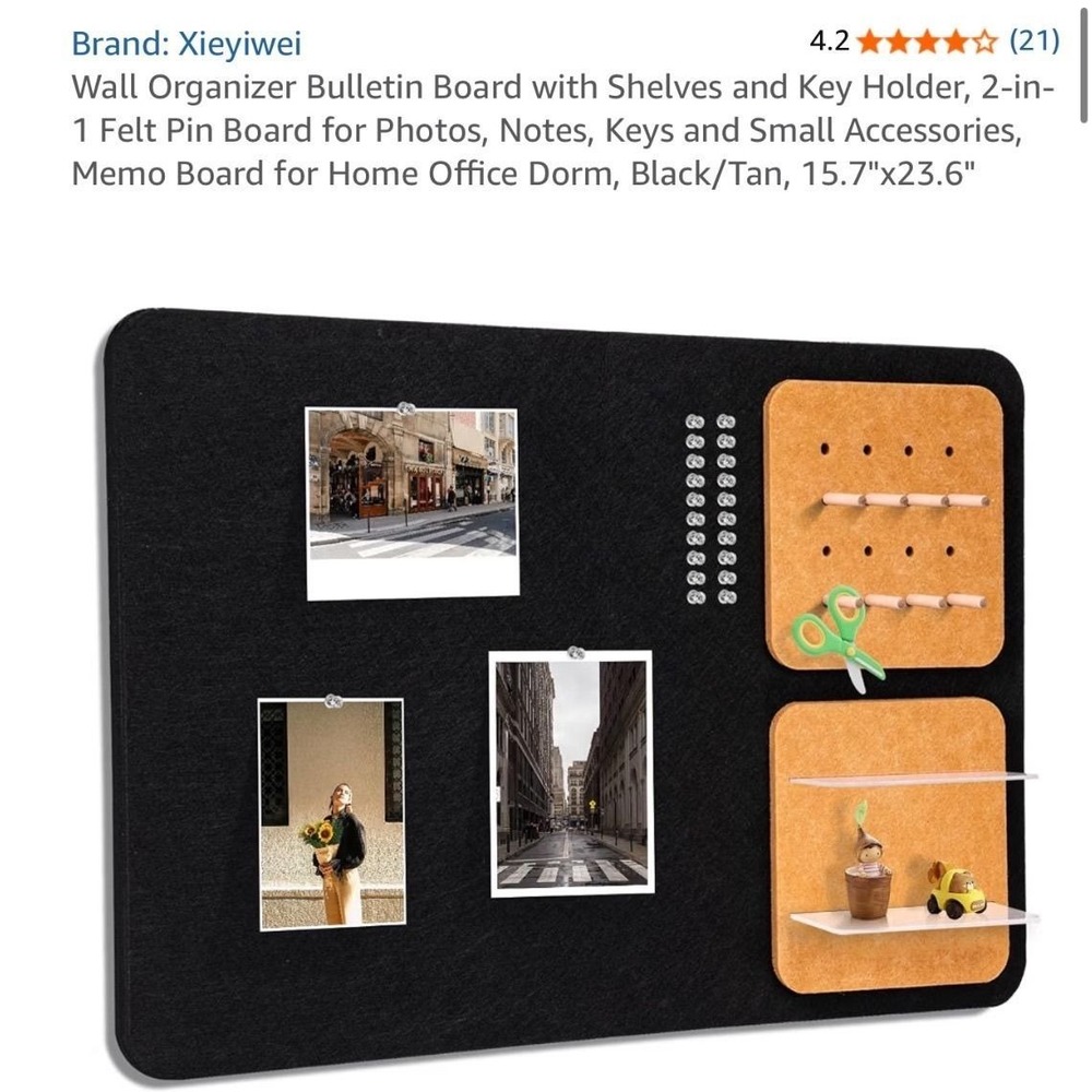 Xieyiwei Wall Organizer Bulletin Board Shelves Key Holder Felt Pin Board Black